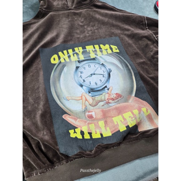 Boys Lie Women's Hoodie Brown Time Will Tell Velour Terry Boyfriend Oversized - Picture 2 of 11